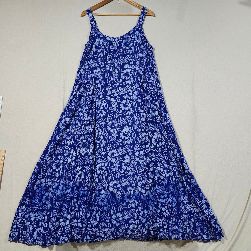 Hary Dary Blue White Batik Floral Rayon Maxi Sundress Side Zip Womens Medium